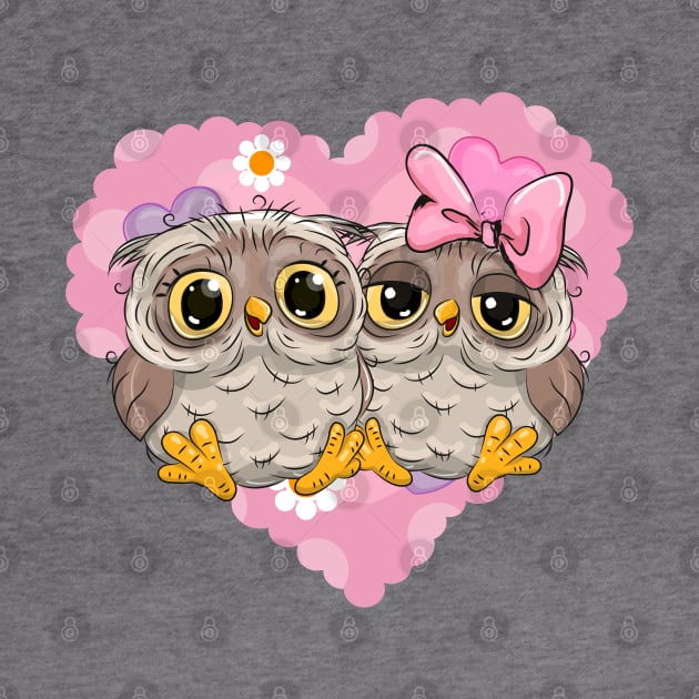 Two cute lovesick owls and a pink heart on the background by Reginast777